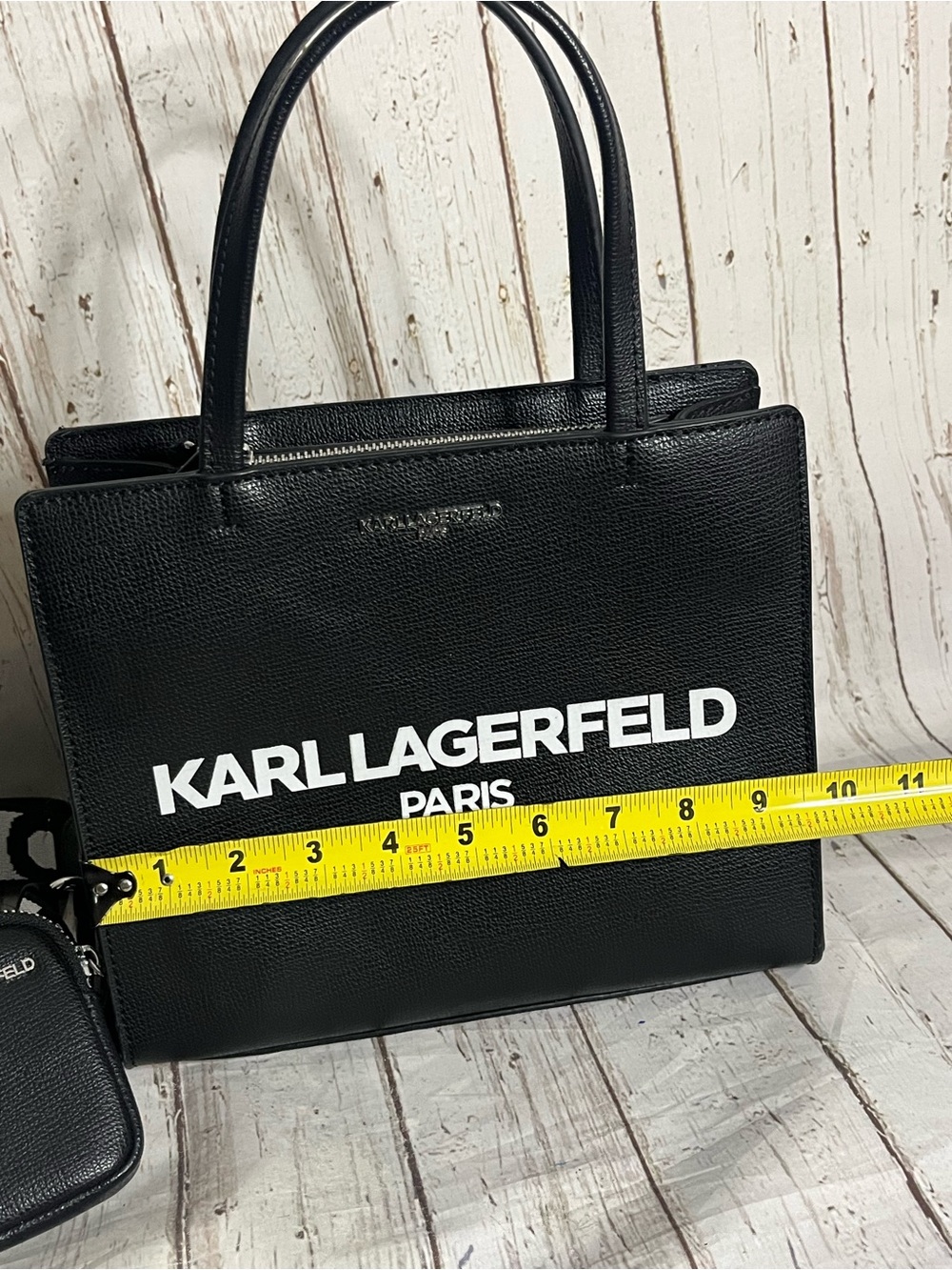 KARL LAGERFELD PARIS Black Pebbled Logo Tote Bag Zip Top Purse - Picture 7 of 14